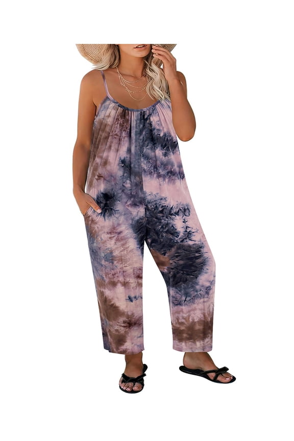 Jumpsuit for Women 2X Khaki Tie Dye Plus Size Summer Jumpsuits Casual Spaghetti Strap Rompers Wide Leg Pants Overalls Dressy Trendy Outfits Clothes with Pocket 2XL 18W 20W