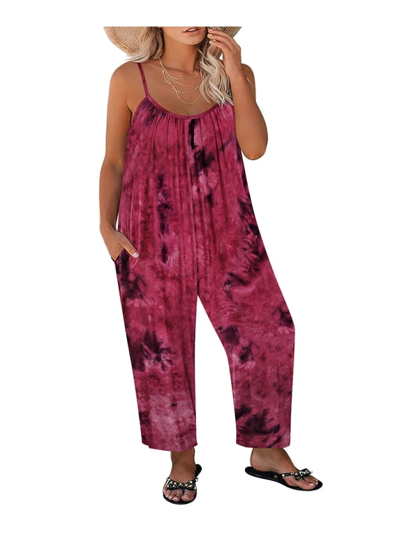Jumpsuit for Women 2X Red Tie Dye Plus Size Summer Jumpsuits Casual Spaghetti Strap Rompers Wide Leg Pants Overalls Dressy Trendy Outfits Clothes with Pocket 2XL 18W 20W