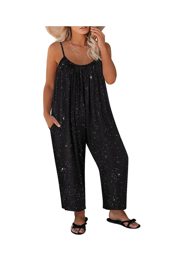 Jumpsuit for Women 3X Black Sequin Plus Size Glitter Summer Jumpsuits Casual Spaghetti Strap Rompers Wide Leg Pants Overalls Dressy Trendy Outfits Clothes with Pocket 3XL 22W 24W