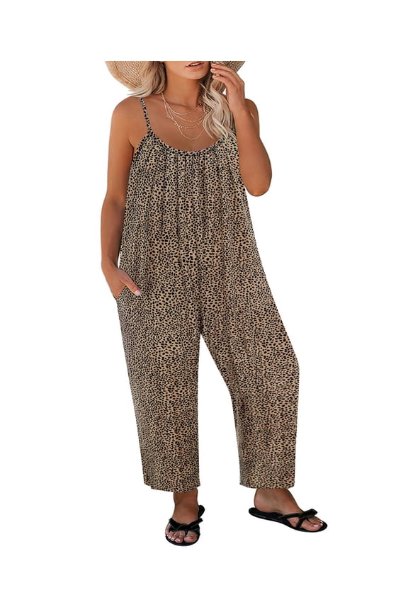 Jumpsuit for Women 4X Leopard Plus Size Cheetah Summer Jumpsuits Casual Spaghetti Strap Rompers Wide Leg Pants Overalls Dressy Trendy Outfits Clothes with Pocket 4XL 24W 26W