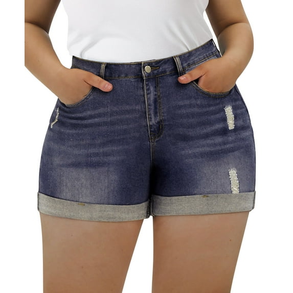 CASSIE LIZ Ladies Plus Size Black Blue Shorts 4X Elastic Waist Casual Shorts Pocket Washed Ripped Roll Cuff Shorts Jeans Shorts Summer Shorts Pants 4XL 26W