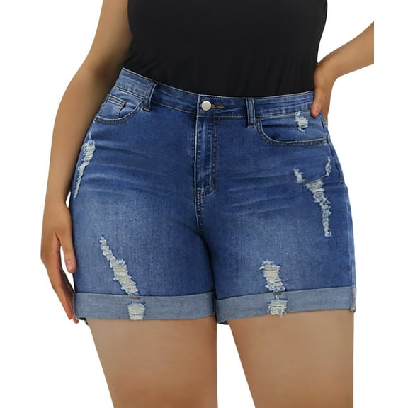 CASSIE LIZ Ladies Plus Size Blue Shorts 4X Elastic Waist Casual Shorts Pocket Destructed Roll Cuff Shorts Jeans Shorts Summer Shorts Pants 4XL 26W