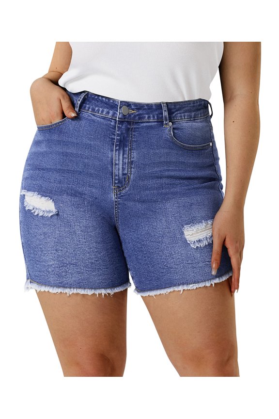 Ladies Plus Size Blue Shorts 4X Elastic Waist Frayed Hem Casual Shorts Pocket High Rise Destructed Shortie Shorts Jeans Shorts Summer Washed Ripped Shorts Pants 4XL 26W