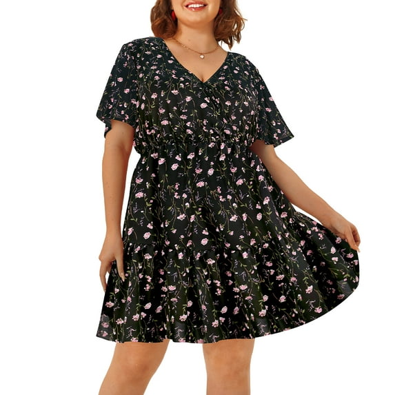 CASSIE LIZ Ladies Plus Size Dress 4X Floral Tunic Dress Black V Neck Short Sleeves Ruffle Hem Dress Casual Loose Fits Dress For Summer 4XL 24W 26W