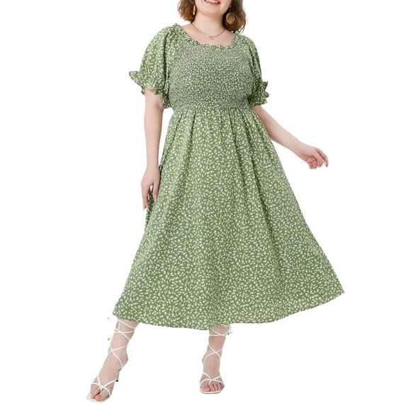 CASSIE LIZ Ladies Plus Size Dress 4X Floral Tunic Flutter Trim Sleeves Dress Green Square Neck Lantern Sleeves Dress Casual Loose Fits Dress For Summer 4XL 24W 26W
