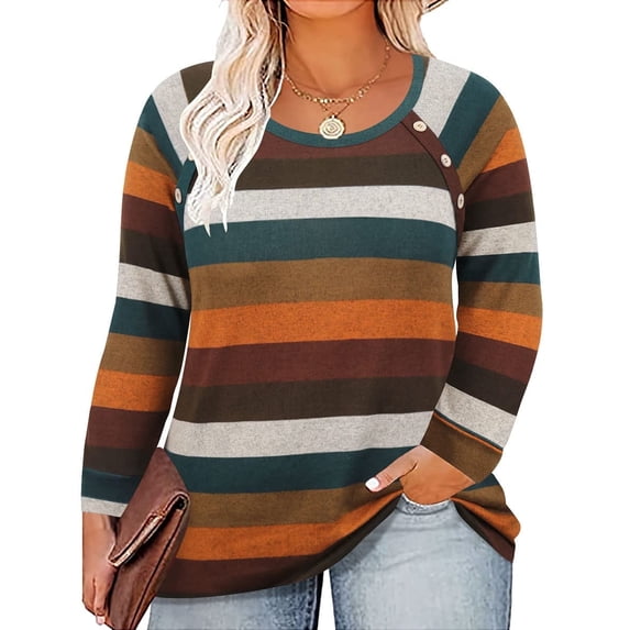 CASSIE LIZ Plus Size Shirts 4X Long Sleeve Womens Tops Fall Crew Neck Colorful Striped Sweatshirts Fashion Buttons Tee Loose Fit Tunics Winter Blouses Casual Pullovers 4XL 24W 26W