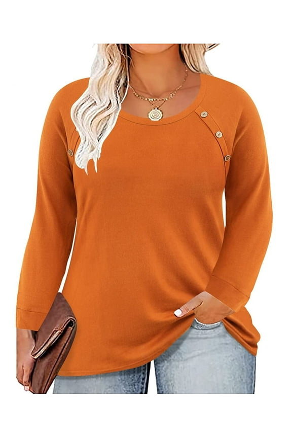 Womens Plus Size Tops 2X Long Sleeve Shirts Fall Crew Neck Basic Orange Sweatshirts Fashion Buttons Tee Loose Fit Tunics Winter Blouses Casual Pullovers 2XL 18W 20W