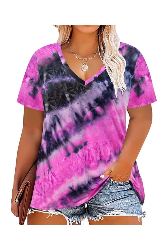 Plus Size Womens Tops 4X Summer Tie Dye Shirts Purple V Neck Fashion Short Sleeve Tee Loose Fit Tunics Spring Blouses Casual Pullover 4XL 24W 26W