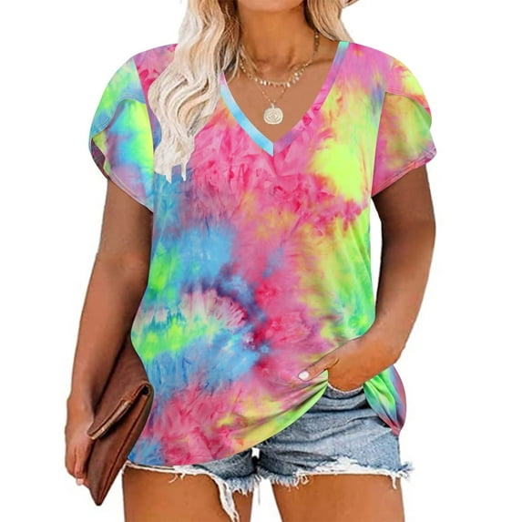 CASSIE LIZ Plus Size Shirts for Women 4X Colorful Tie Dye Short Sleeve Tops Spring Fashion Clothes V Neck Puff Tee Shirts Casual Loose Fit Blouses Summer Tunics 4XL 24W 26W