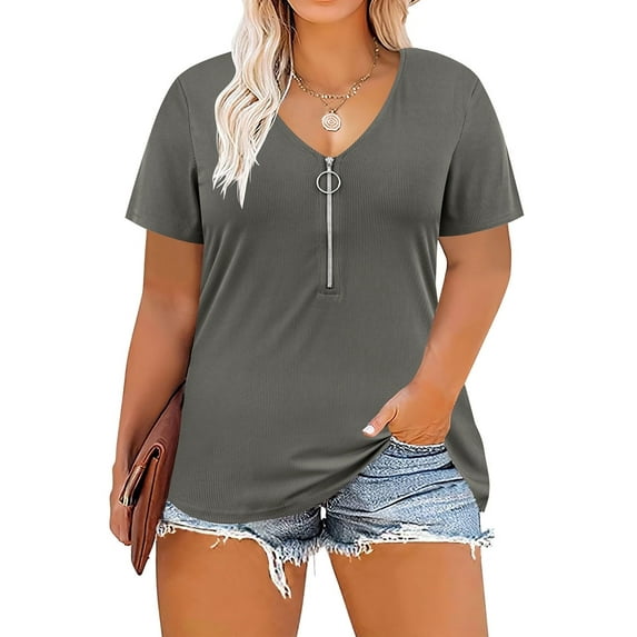 CASSIE LIZ Plus Size Womens Tops 4X Summer Shirts Gray V Neck Fashion Short Sleeve Tee Loose Fit Tunics Spring Blouses Casual Pullover 4XL 24W 26W