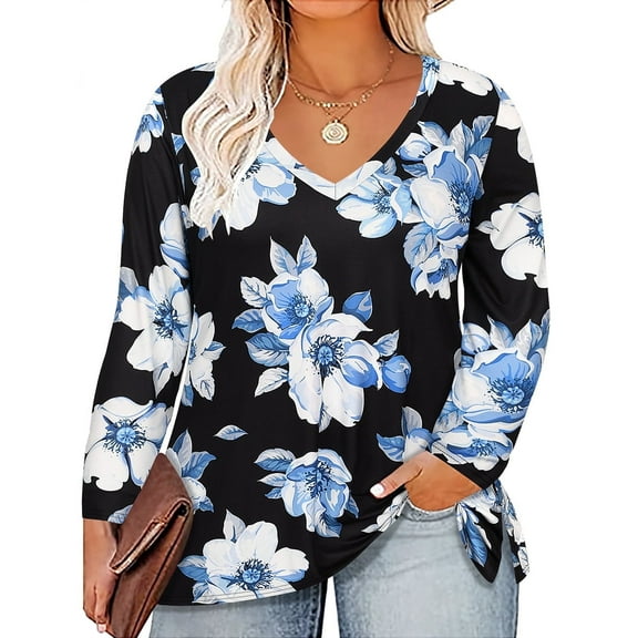 CASSIE LIZ Plus Size Sweatshirts 5X Long Sleeve Womens Tops Fall V Neck Blue Floral Shirts Fashion Tee Loose Fit Tunics Winter Blouses Casual Slit Hem Pullovers 5XL 26W 28W