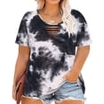 thumbnail image 1 of CASSIE LIZ Oversized Shirts Plus Size Black White Tie Dye Blouse Women Short Sleeve Crewneck Cutout Casual Chic Loose Tunic Tops Summer 5XL 26W 28W, 1 of 5