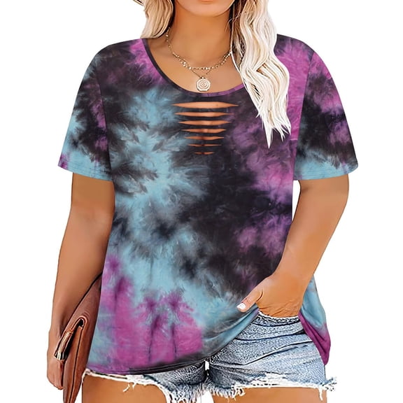 CASSIE LIZ Plus Size Tops 4X Summer Womens Tops Crewneck Purple Teal Tie Dye Short Sleeve Cutout Curvy Hem Loose Fit Tunics Shirts 4XL 24W 26W