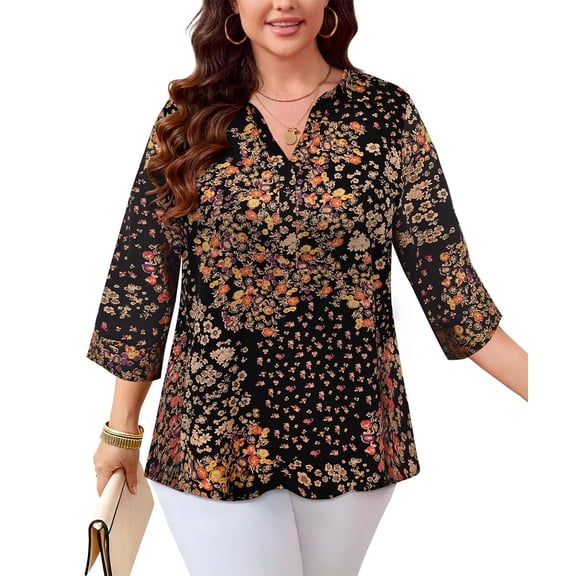 CASSIE LIZ Plus Size Blouses Womens 4X Casual V neck 3/4 Sleeve Tops With Yellow Floral Pattern Business Work Flowy Tunics Shirts 4XL 24W 26W