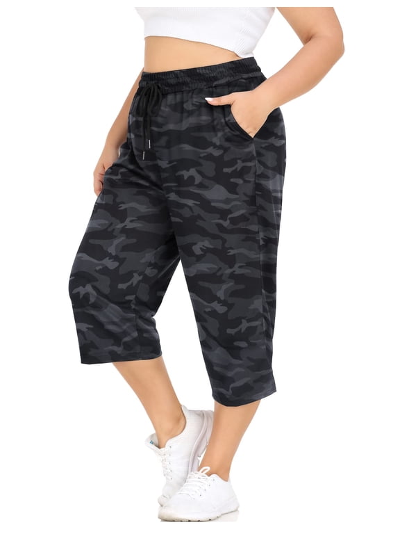 Plus Size Capris 3X Gray Camo Womens Knit Yoga Capri Pants Summer Casual Elastic Waist Lounge Capris Drawstring Workout Activewear Pants Spring Loose Fit Sweatpants with Pocket 3XL 22W 24W