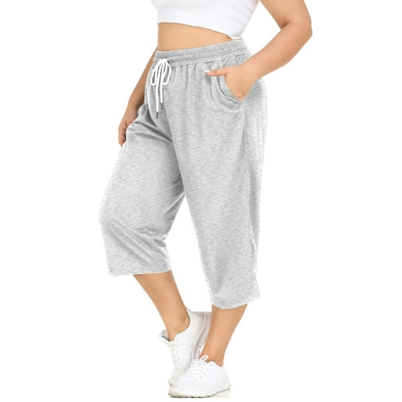 CASSIE LIZ Plus Size Capris 3X Light Gray Womens Knit Yoga Capri Pants Summer Casual Elastic Waist Lounge Capris Drawstring Workout Activewear Pants Loose Fit Sweatpants with Pocket 3XL 22W 24W