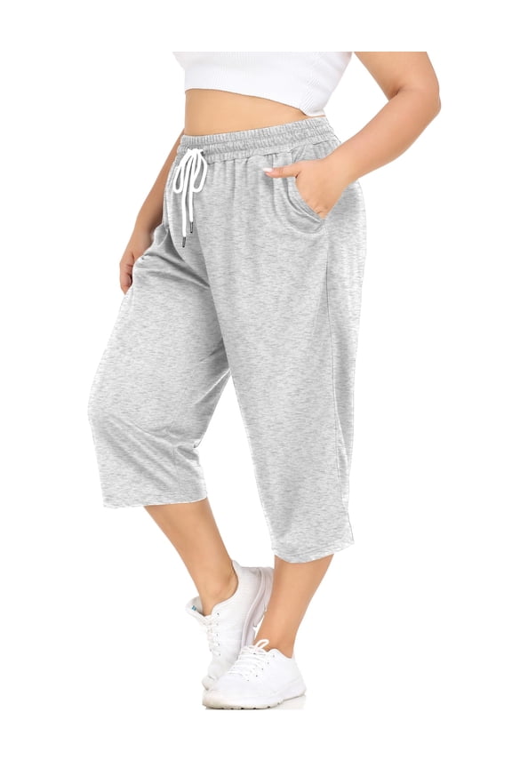 Plus Size Capris 3X Light Gray Womens Knit Yoga Capri Pants Summer Casual Elastic Waist Lounge Capris Drawstring Workout Activewear Pants Loose Fit Sweatpants with Pocket 3XL 22W 24W