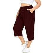 CASSIE LIZ Plus Size Capri Pants for Women 3X Wine Red Lounge Casual Elastic Waist Pants Drawstring Pants Workout Activewear Sweatpants Spring Summer Loose Fit Yoga Pants With Pockets 3XL 22W 24W