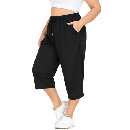 CASSIE LIZ Plus Size Capris Womens Knit Yoga Capri Pants Summer Casual Elastic Waist Lounge Capris Drawstring Workout Activewear Pants Spring Loose Fit Sweatpants with Pocket Solid/Camo (XL-5XL)