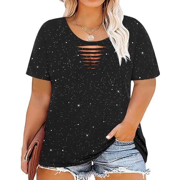 CASSIE LIZ Plus Size Womens Tops 5X Black Sequin Summer Shirts Crew Neck Ripped Cutout Fashion Short Sleeve Tee Loose Fit Tunics Spring Blouses Casual Tunic Tops 5XL 26W 28W