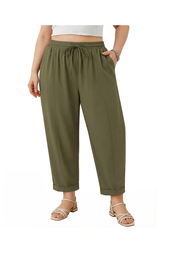 Plus Size Curvy Women Summer Wide Leg Harem 4X Pants Beach Palazzo Green Trousers with Pockets 4XL 24W 26W