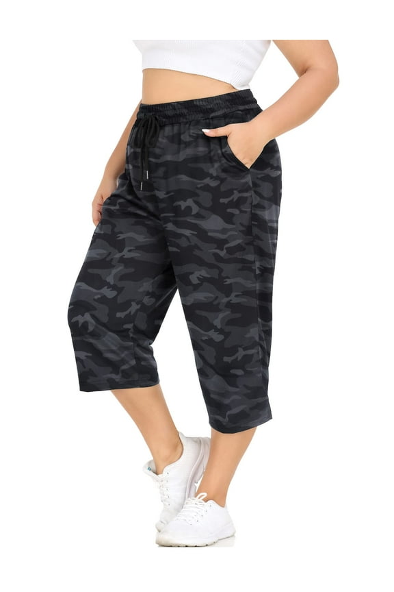 Plus Size Womens Capris Gray Camo Knit Yoga Capri Pants Summer Casual Elastic Waist Lounge Capris Drawstring Workout Activewear Pants Spring Loose Fit Sweatpants with Pocket XL 14W 16W