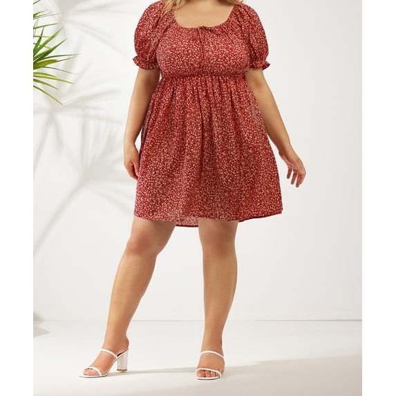 CASSIE LIZ Plus Size Dress For Women 5X Floral Square Neck Bow Strap Lantern Sleeves Dress Red Casual Flutter Trim Sleeves Tunic Dress Loose Fits Dress For Summer 5XL 26W 28W