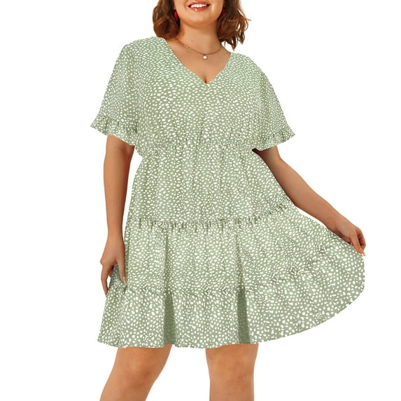 CASSIE LIZ Plus Size Dress For Women 5X Polka Dot V Neck Dress Green Flutter Trim Sleeves Casual Dress Flutter Trim Hem Tunic Dress Loose Fits Dress For Summer 5XL 26W 28W