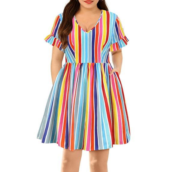 CASSIE LIZ Plus Size Dress For Women 5X Rainbow Striped Pocket V Neck Dress Casual Flutter Trim Sleeves Tunic Dress Loose Fits Dress For Summer 5XL 26W 28W