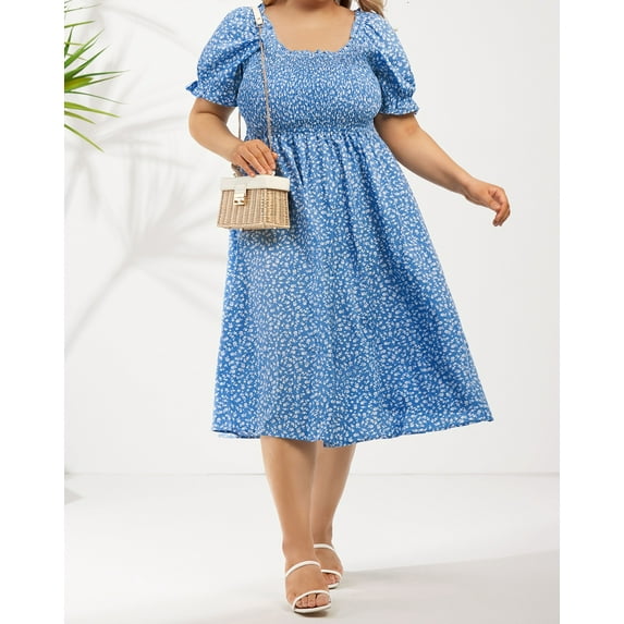 CASSIE LIZ Plus Size Dress For Women Floral Square Neck Dress Blue Flutter Trim Sleeves Tunic Dress Lantern Sleeves Casual Loose Fits Dress For Summer XL 14W 16W