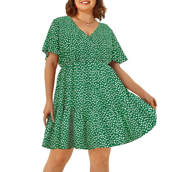 CASSIE LIZ Plus Size Dress For Women Polka Dot V Neck Tunic Dress Green Short Sleeves Ruffle Hem Dress Casual Loose Fits Dress For Summer XL 14W 16W