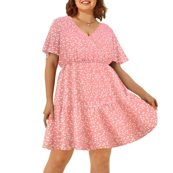 CASSIE LIZ Plus Size Dress For Women Polka Dot V Neck Tunic Dress Pink Short Sleeves Ruffle Hem Dress Casual Loose Fits Dress For Summer XL 14W 16W