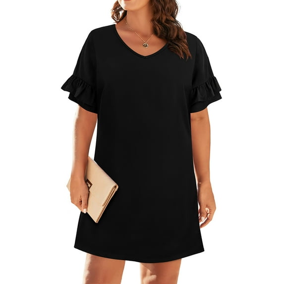 CASSIE LIZ Plus Size Dress For Women Solid Black V Neck Pocket Dress Flutter Trim Sleeves Dress Casual Loose Fits Dress For Summer XL 14W 16W