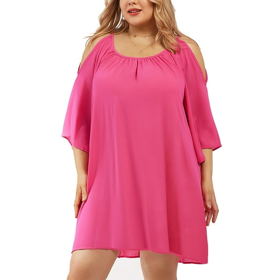 CASSIE LIZ Plus Size Dress For Women Solid Crew Neck Dress Hot Pink Kimono Off Shoulder Dress Split Sleeves Dress Casual Loose Fits Dress For Summer XL 14W 16W