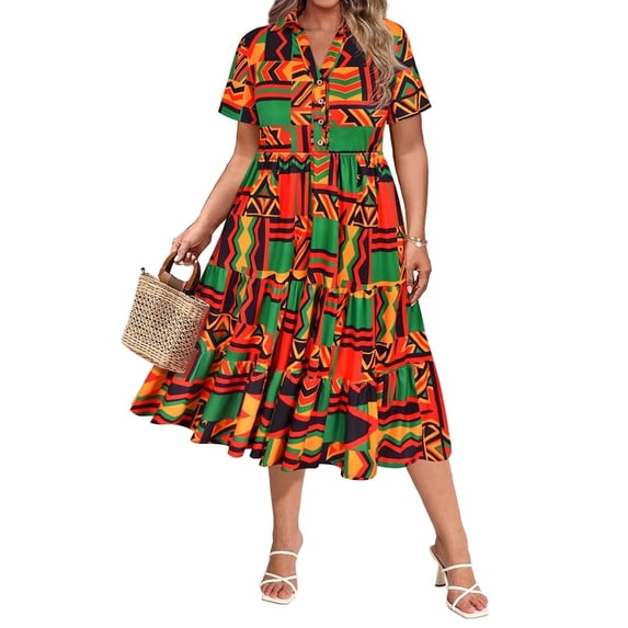 CASSIE LIZ Dresses for Women Summer Midi Womens Boho Shirt Dresses Colorful African Dashiki Short Sleeve Collared V Neck Loose Fit Sun Dresses with Pocket XL 14W 16W