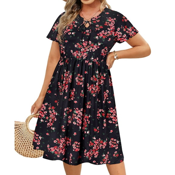 CASSIE LIZ Plus Size Dress for Women Casual Floral Black Short Sleeve Dress Drawstring Elegant V Neck Dress Long Bohemian Sundress Loose Fit Maxi Spring Summer Dress XL 14W 16W