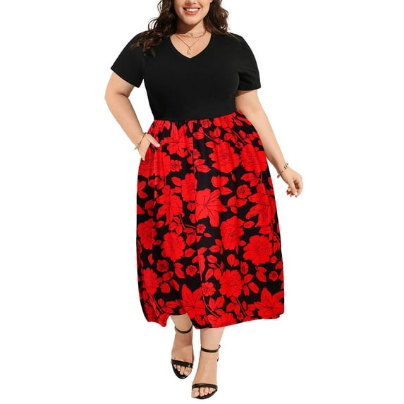 CASSIE LIZ Plus Size Dress for Women V Neck Long Patchwork Dress Casual Black Red Floral Short Sleeve Sundress Loose Fit Spring Summer Dress with Pocket XL 14W 16W