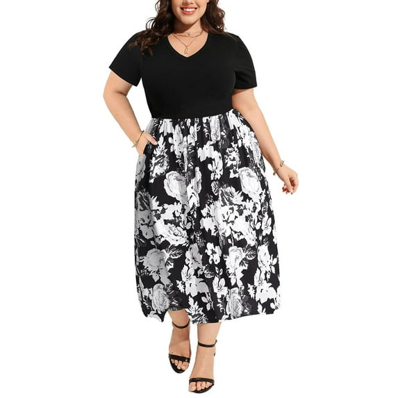 CASSIE LIZ Plus Size Dress for Women V Neck Long Patchwork Dress Casual Black White Floral Short Sleeve Sundress Loose Fit Spring Summer Dress with Pocket XL 14W 16W