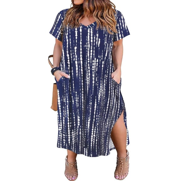 CASSIE LIZ Plus Size Dress for Women V Neck Maxi T Shirt Dress Casual Blue Tie Dye Short Sleeve Sundress Loose Fit Spring Summer Dress with Pocket XL 14W 16W