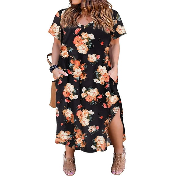 CASSIE LIZ Plus Size Dress for Women V Neck Maxi T Shirt Dress Casual Floral Short Sleeve Sundress Loose Fit Spring Summer Dress with Pocket XL 14W 16W