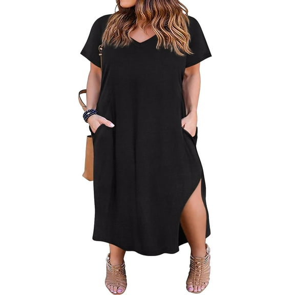 CASSIE LIZ Plus Size Dress for Women V Neck Maxi T Shirt Dress Casual Short Sleeve Sundress Loose Fit Spring Summer Dress with Pocket Floral/ Tie Dye/ Stripe/ Solid ( XL-5XL )
