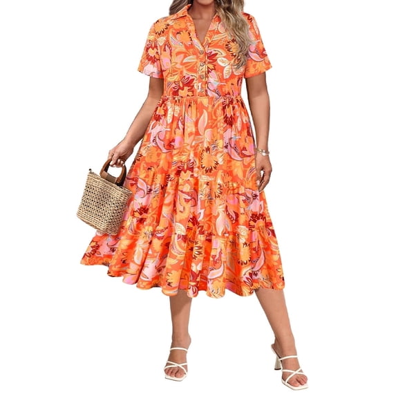 CASSIE LIZ Plus Size Dresses 2X Summer Midi Womens Boho Shirt Dresses Floral Orange Short Sleeve Collared V Neck Loose Fit Sun Dresses with Pocket 2XL 18W 20W
