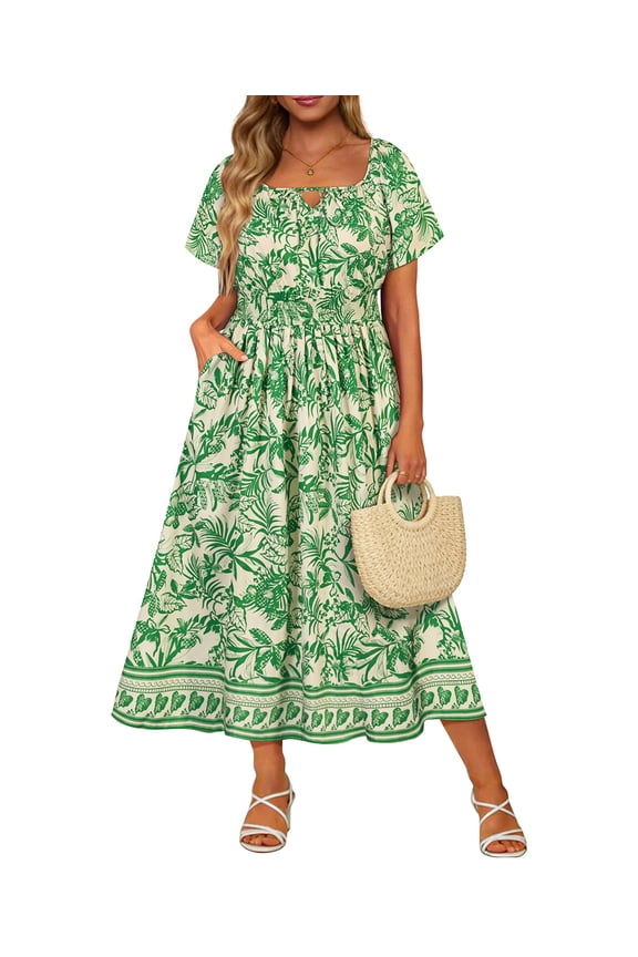 Plus Size Dresses 2X Summer Midi Womens Tropical Green Short Sleeve Scoop Neck Loose Fit Sun Dresses with Pocket 2XL 18W 20W