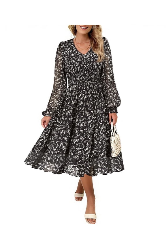 Plus Size Dresses 3X Casual Black Floral Fall Sundresses for Women Fashion Midi Elastic Waist Dresses Long Sleeve Elegant V Neck Loose Fit Winter Dress With Pocket 3XL 22W 24W