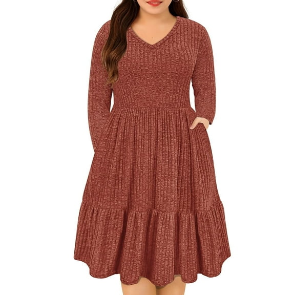 CASSIE LIZ Plus Size Dresses 3X Casual Caramel Fall Sweater Dresses for Women Fashion Midi Elastic Waist Dresses Long Sleeve Elegant V Neck Loose Fit Winter Dress with Pocket 3XL 22W 24W