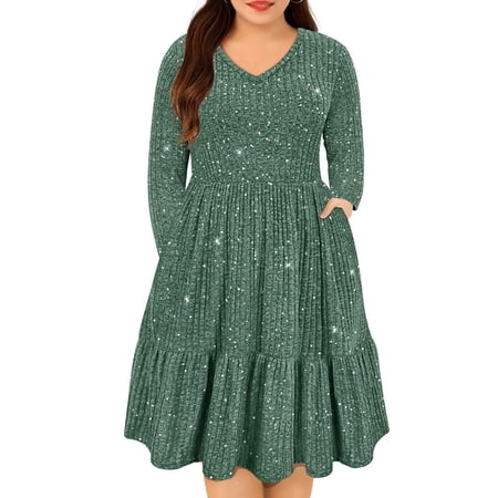 CASSIE LIZ Plus Size Dresses 3X Casual Green Glitter Fall Sweater Dresses for Women Fashion Midi Elastic Waist Long Sleeve Party Sequin Elegant V Neck Loose Fit Winter Dress with Pocket 3XL 22W 24W