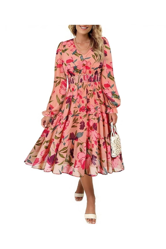 Plus Size Dresses 3X Casual Pink Floral Fall Sundresses for Women Fashion Midi Elastic Waist Dresses Long Sleeve Elegant V Neck Loose Fit Winter Dress With Pocket 3XL 22W 24W