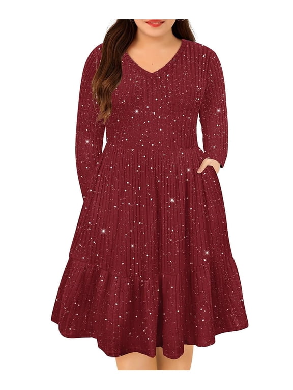 Plus Size Dresses 3X Casual Wine Red Glitter Fall Sweater Dresses for Women Fashion Midi Elastic Waist Long Sleeve Party Sequin V Neck Loose Fit Winter Dress with Pocket 3XL 22W 24W