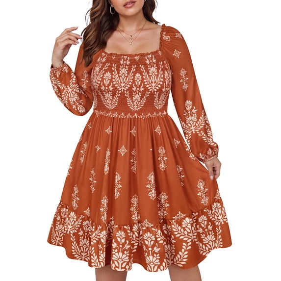CASSIE LIZ Plus Size Dresses 3X Casual Yellow Floral Fall Sundresses for Women Fashion Midi Elastic Waist Dresses Long Sleeve Elegant Square Neck Loose Fit Winter Dress With Pocket 3XL 22W 24W