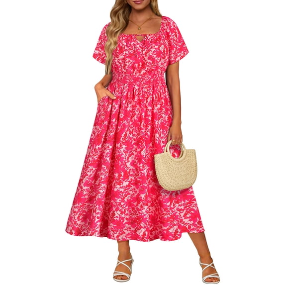 CASSIE LIZ Plus Size Dresses 3X Summer Midi Womens Boho Pink Floral Short Sleeve Scoop Neck Loose Fit Sun Dresses with Pocket 3XL 22W 24W